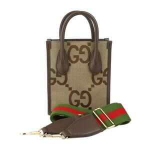 Gucci Mini Tote Handbag Jumbo GG Canvas Leather Beige Brown